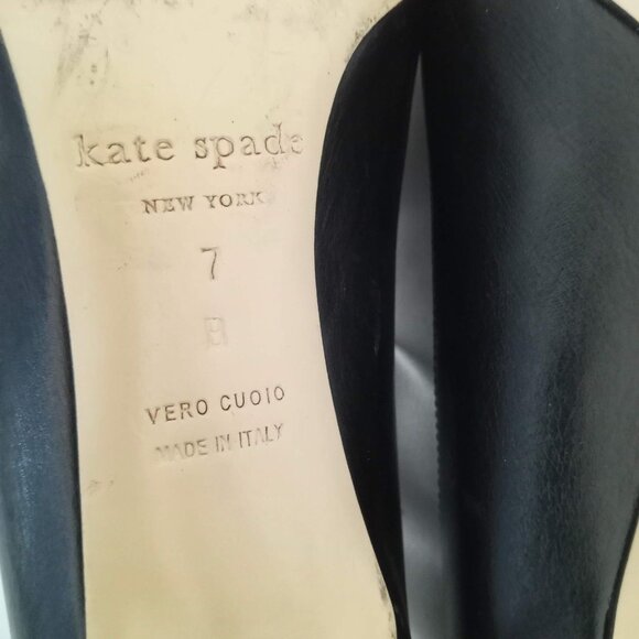 Kate Spade Gold Bow Black Leather Pumps High Heels Pointed Toe Embellished - Picture 7 of 10